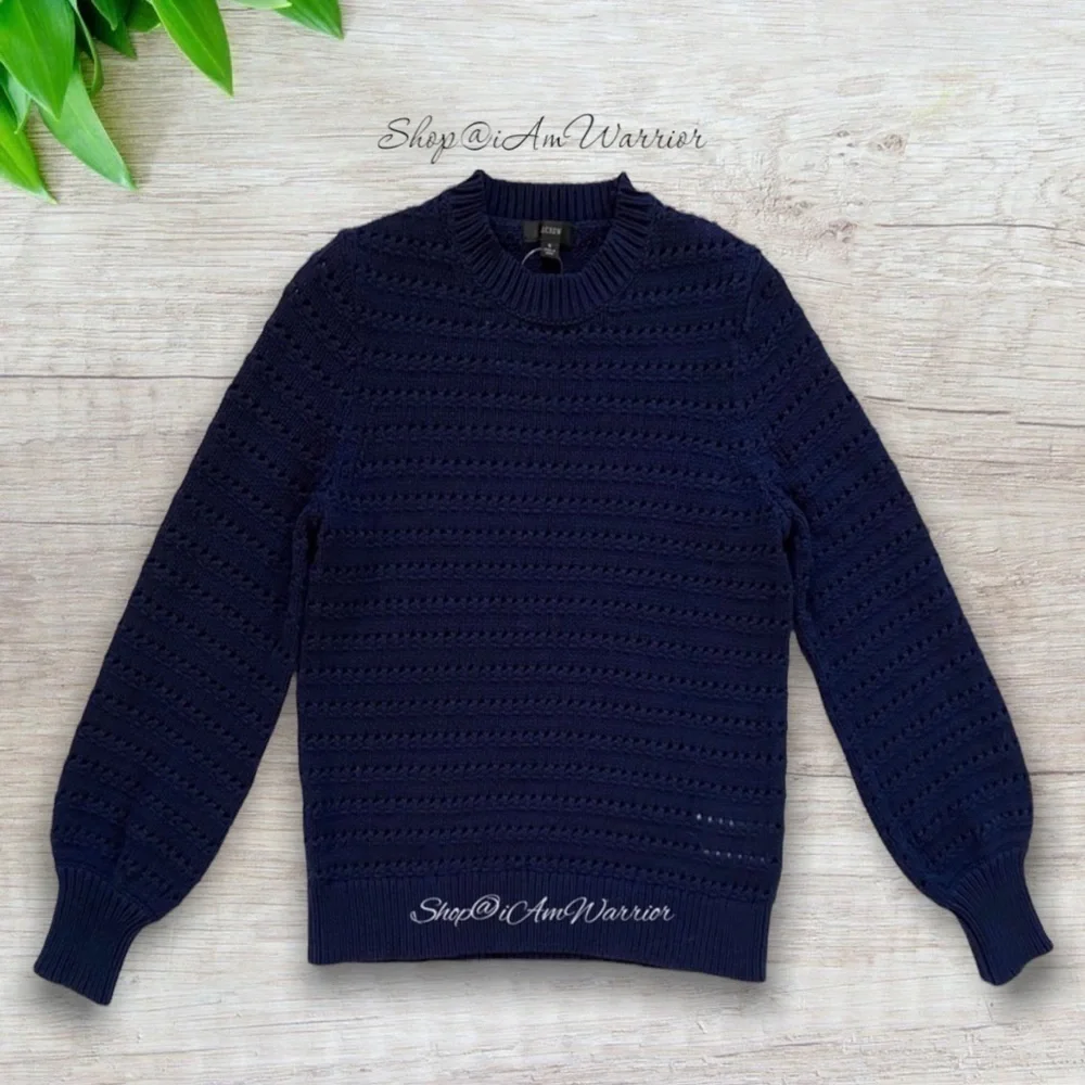 J.Crew NWT navy striped pointelle balloon sleeve cotton blend crewneck sweater